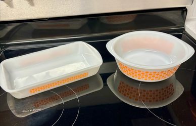 Vintage Milk Glass Bakeware Set with Orange Pattern