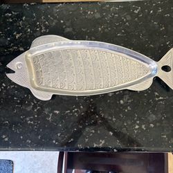 Vintage 22 inch fish shaped serving tray, pewter aluminum coastal kitchen