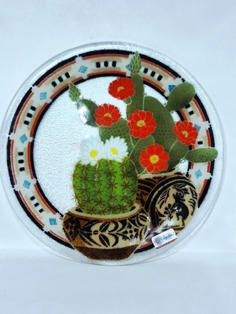 Signed Peggy Karr Fused Art Glass Blooming Cactus Plate