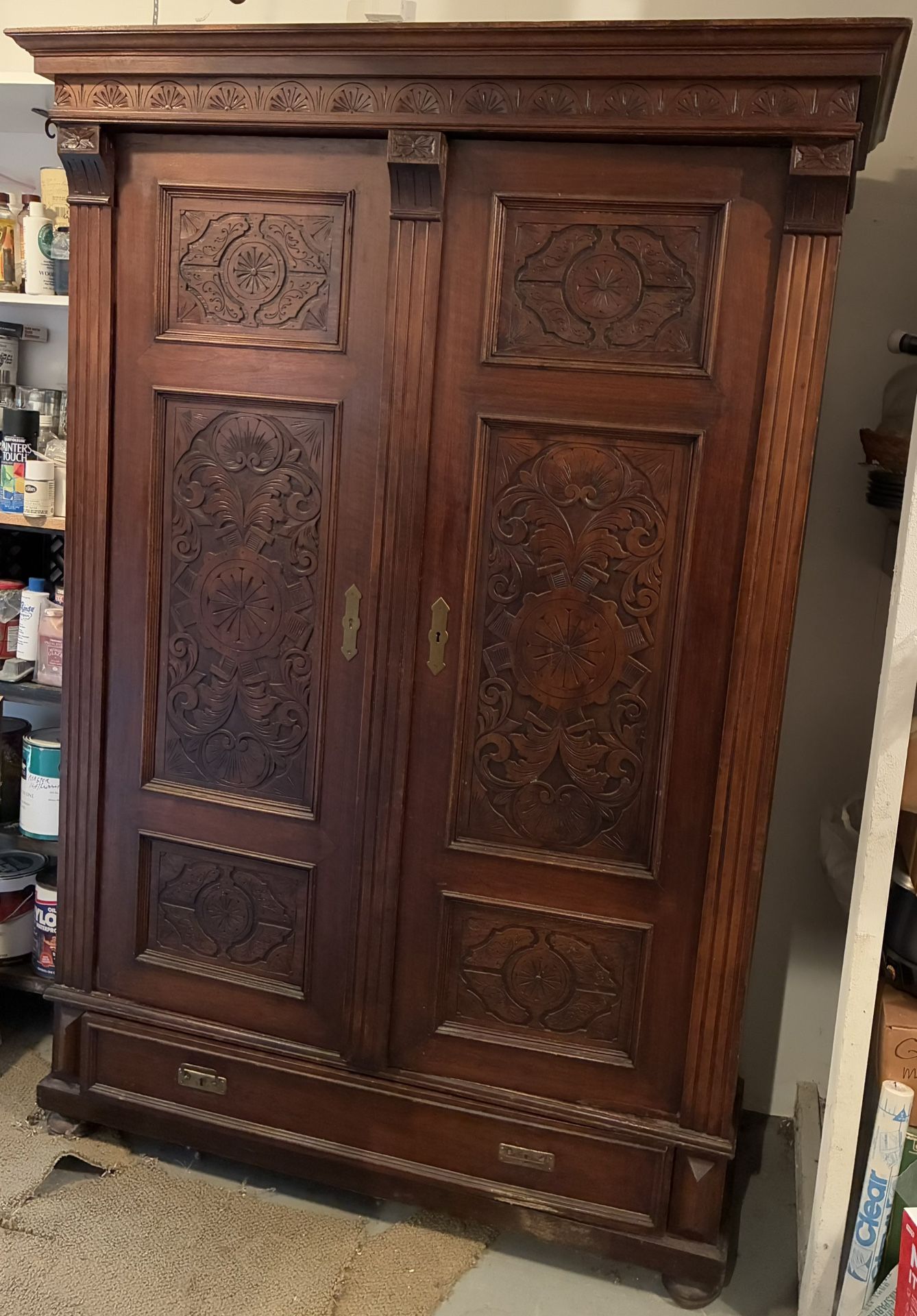 Armoire, Vintage, Solid Wood, Carved, Bottom Drawer.