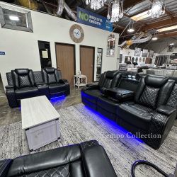 2 Pcs Sofa&Loveseat Power Recliner, LED&Reading Lights, Wireless&USB Chargers, Black, Sku#104662