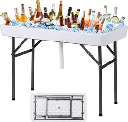 E918 $60  Folding Ice Table with Drain, 4 ft Portable Cooler with Removable Skirt, No Assembly, Fill and Chill Table for Food Drink Beverage, Foldable