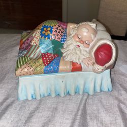 Used Vintage 1950s Sleeping Santa with Multicolor Quilt Ceramic Lidded Candy Cookie Jar 