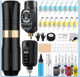 Gun Kit Wireless Tattoo Machine Pen Kit with 2 Batteries 16 Cartridge Needles 7 Ink Colors for Complete Rotary Tattoo Supply