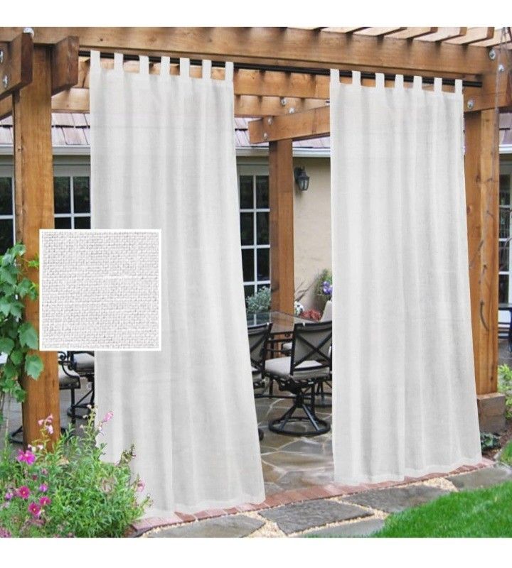 Outdoor Linen Sheer Curtains for Patio Waterproof - Indoor/Outdoor Divider Privacy Added Light Filtering Porch Decor with Detachable Self-Stick Tabs
