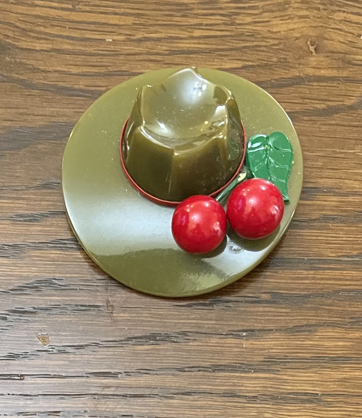 Vintage Bakelite Green Hat Brooch With Red Cherries