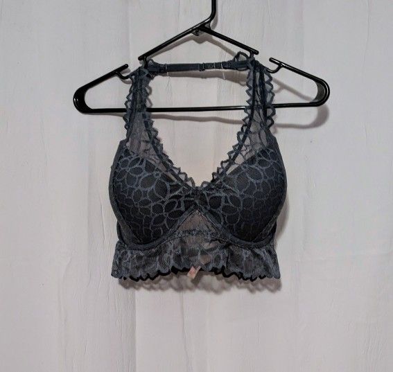 Bralette PINK Victoria Secret Gray Lace Bralette M - DD Underwire Silver Heart