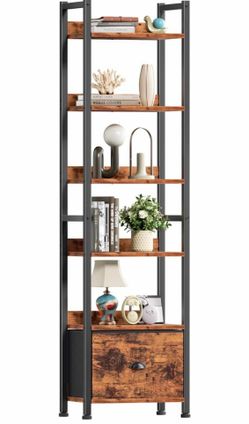 New -6 Tier Bookshelf, Tall Shelf with Drawer, Wood and Metal Bookshelves Storage Organizer, Industrial Display Shelving Unit for Bedroom, Living Room