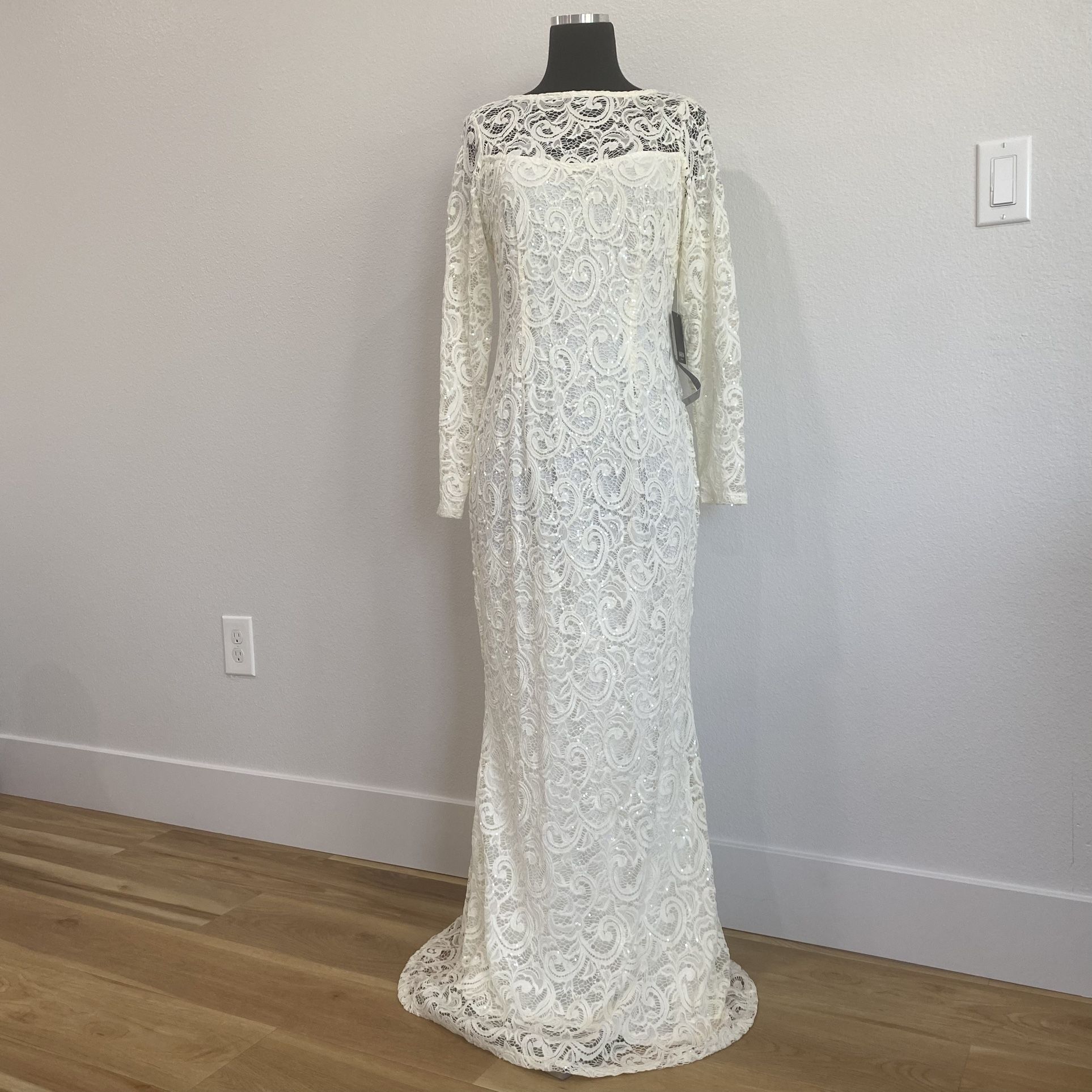 Marina Long Sleeve Illusion Neckline Sequined Lace Dress