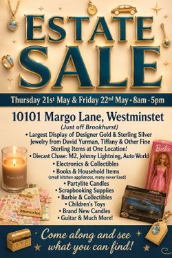 Estate sale 8-5pm Thur Fri,
