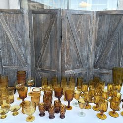 Large Vintage Amber Glassware Collection – Mixed Styles – Boho / Fall Wedding Set