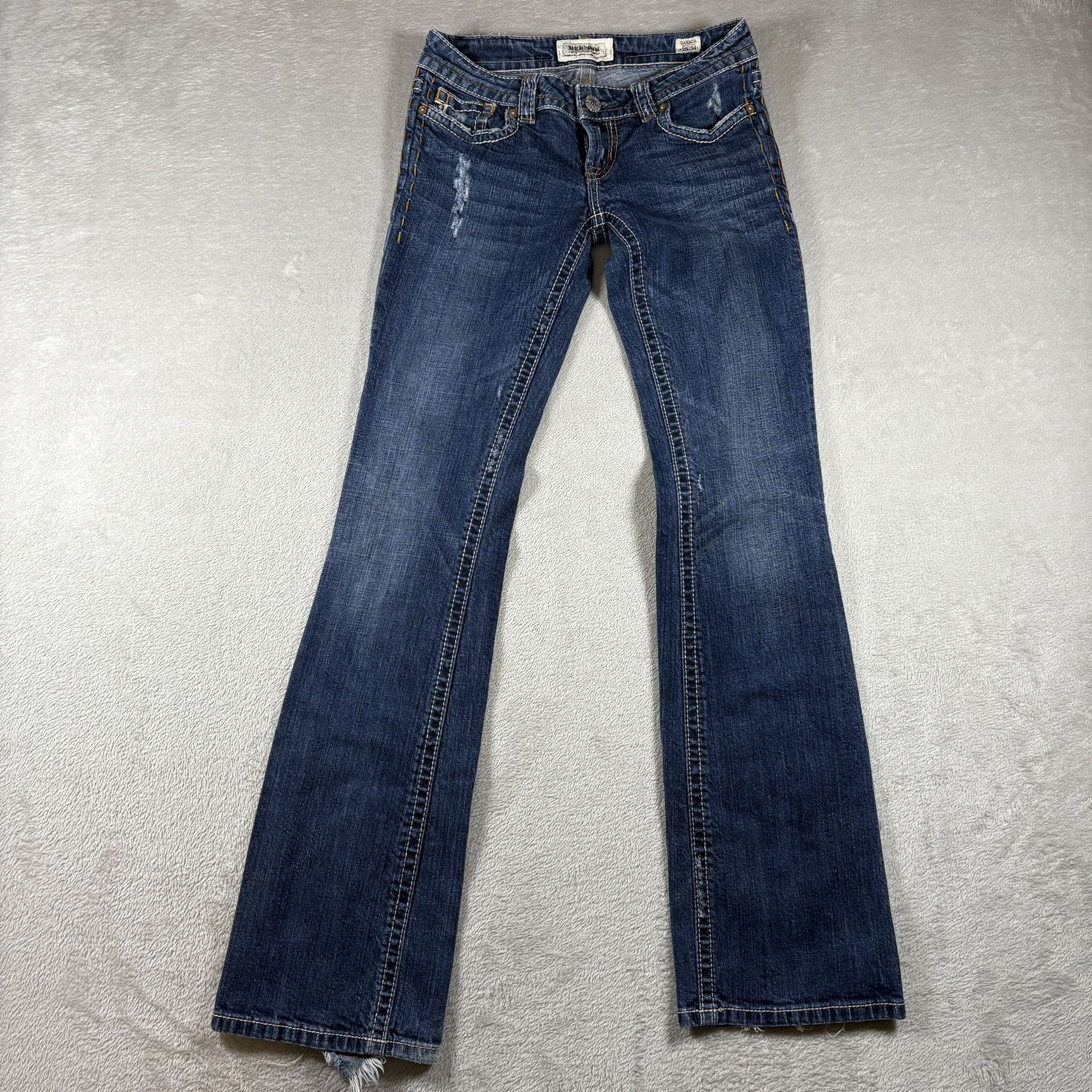 Mek Denim Jeans Women's 25x34 Blue Boot Cut Oaxaca Pockets Button Distress#1466