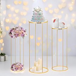 Kapaga 3pcs Gold Metal Plant Stand, Cylinder Pedestal Stands For Parties, Metal Plant Columns Pedestal Stands For Display, Round Cylinder Columns Tabl
