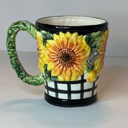 VTG Fitz & Floyd Sunflower Floral Basket Weave Cup 1992 Yellow Green Floral