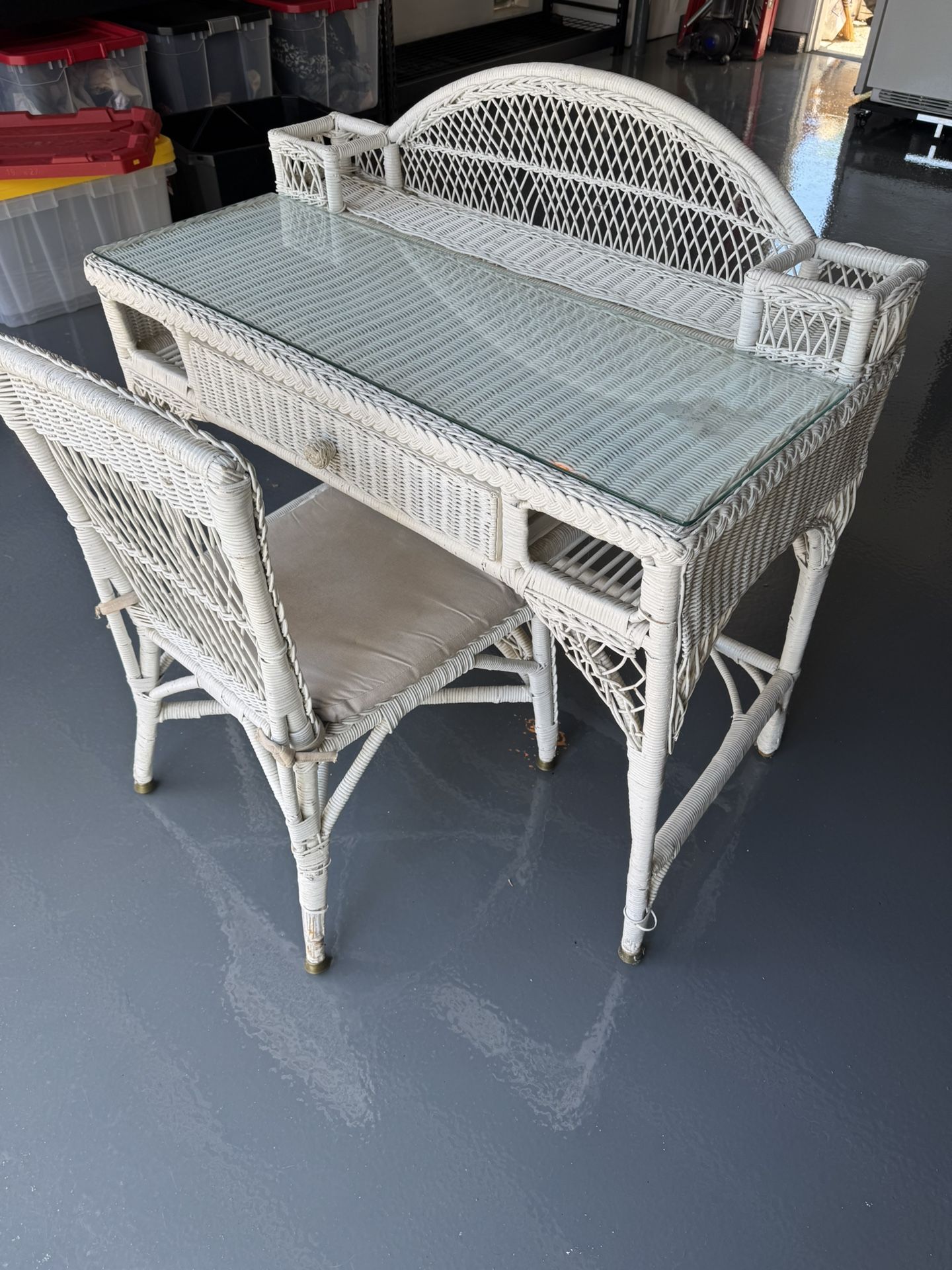 Vintage White Glass Wicker Desk