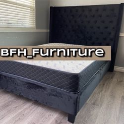 Cal King Black Chanelle Wingback Platform Bed w. Orthopedic Mattress Included 