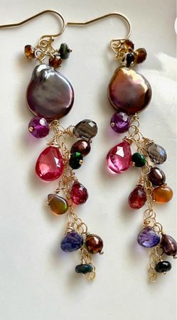 Brown Coin Pearl and Gemstone Dangling Earrings