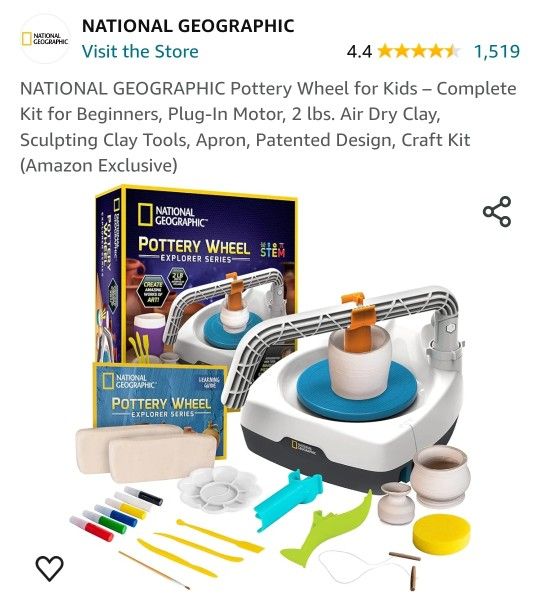 NATIONAL GEOGRAPHIC Pottery Wheel for Kids – Complete Kit for Beginners, Plug-In Motor, 2 lbs. Air Dry Clay, Sculpting Clay Tools, Apron, Patented Des