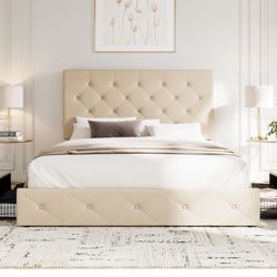 Allewie Upholstered Full Size Platform Bed Frame with 4 Storage Drawers