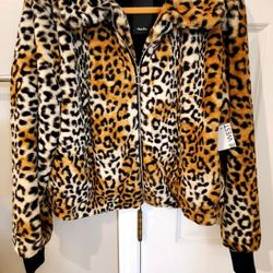 Nine West Faux Fur Leopard Print Bomber Jacket