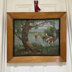 Vintage Asian Farming Planting Rice Oil Painting 22”X26”