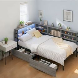🔥🔥Full Corner Bed Frame with Bookcase Headboard & Charging Station, LED Lights