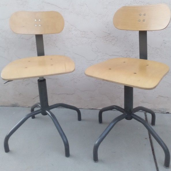 Vintage Wood Metal Office Drafting Task Chair / Swivel Stool with Adjustments on Backrest Height & Depth and Easy One Lever Seat Height Adjustment

