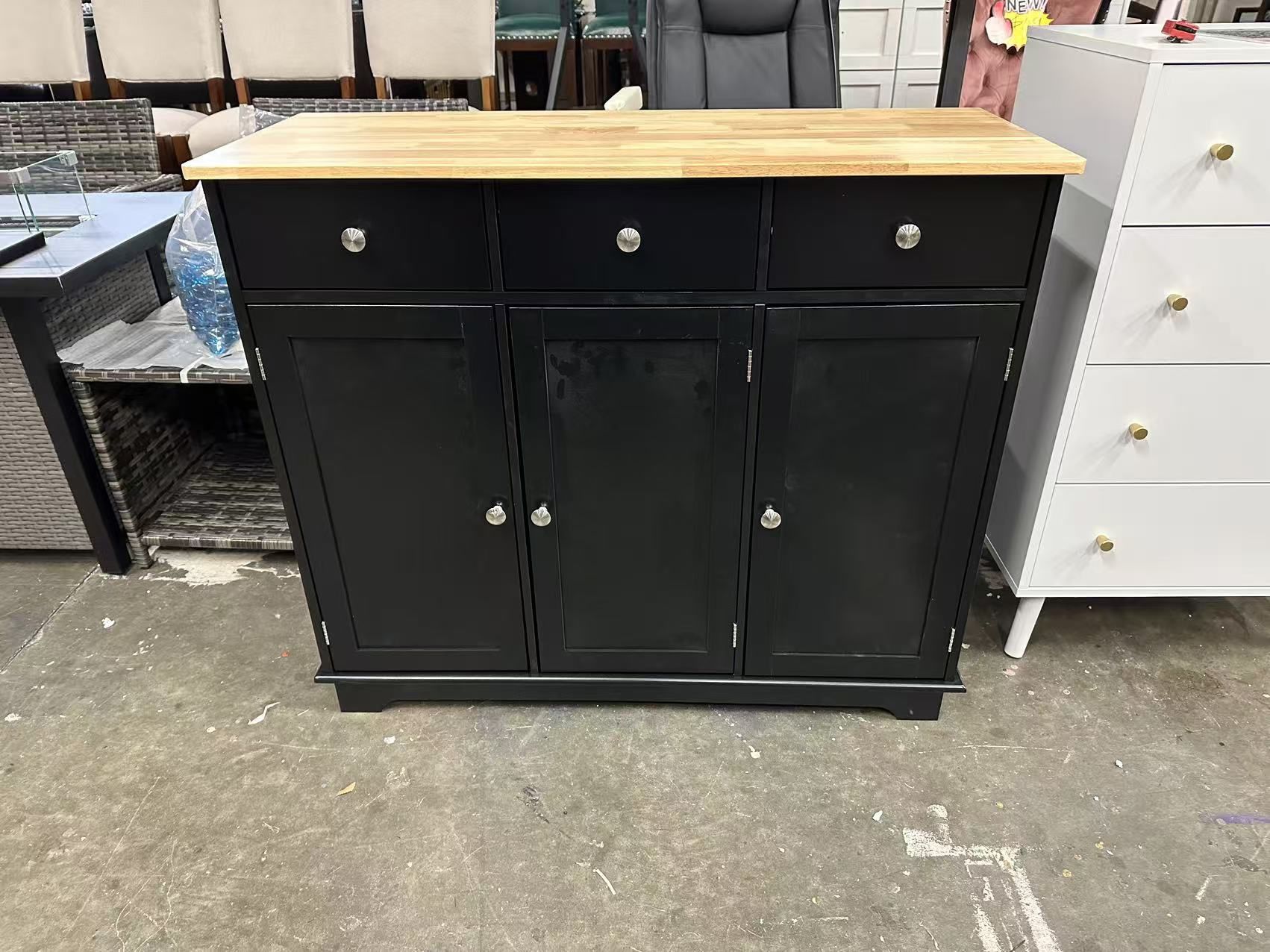 Brand new Sideboard with Solid Wood Countertop, Modern Kitchen Storage Cabinet, Coffee Bar Cabinet with 3 Drawers, Doors and Adjustable Shelf, Black