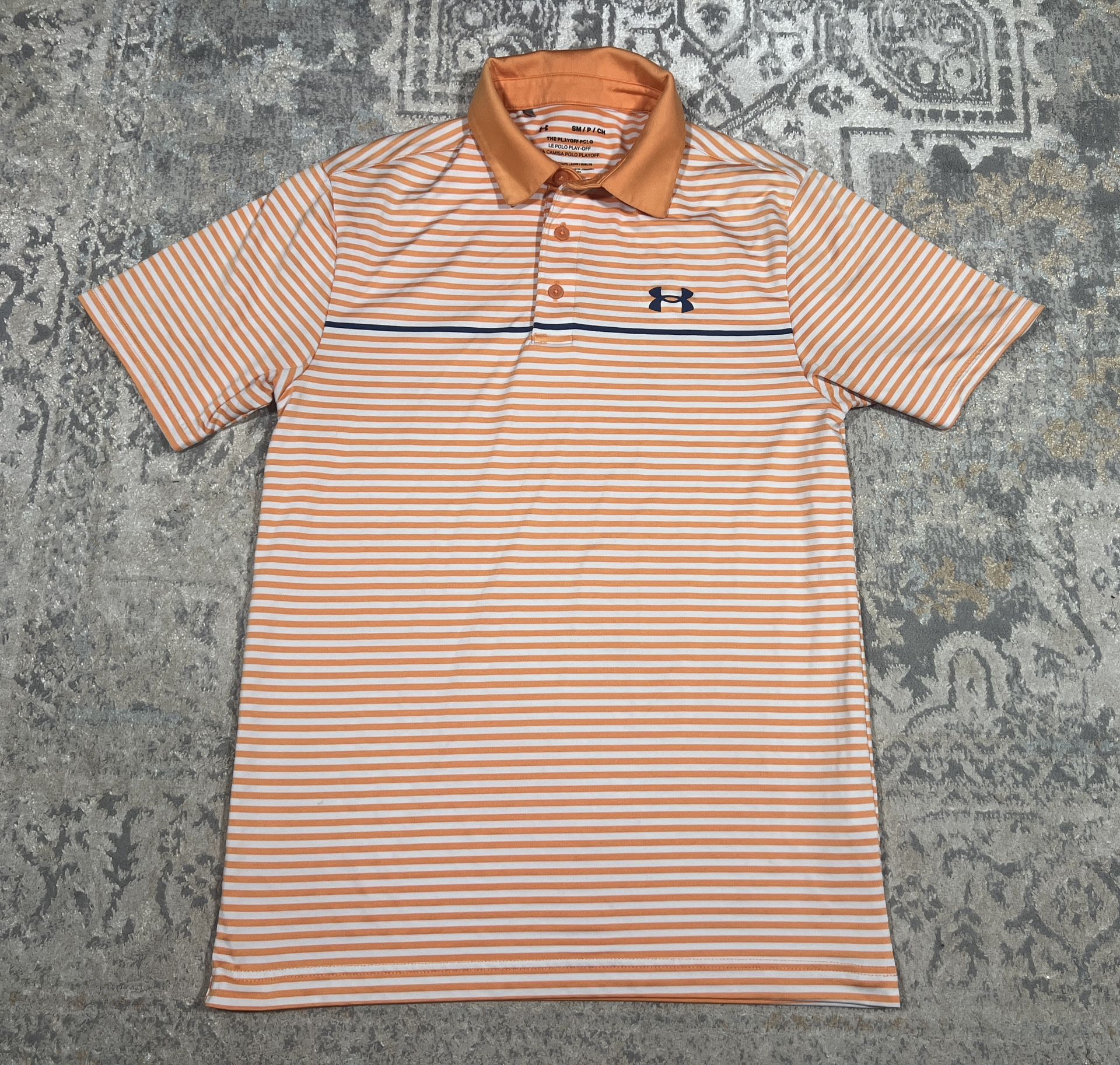 Under Armour The Playoff Polo Shirt Mens Size S Orange White Blue Striped