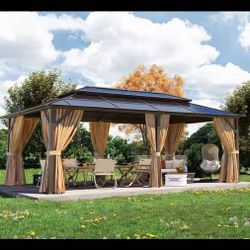 Sweet & Cozy Relax in Gazebo 20 ft. x 12 ft. Outdoor Brown Polycarbonate Double Roof Gazebo with Curtains and Netting for Garden, Lawns,