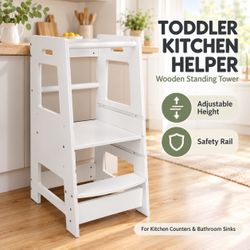 Kitchen Step Stool for Toddlers with Safety Rail - Adjustable Height Little Helper Tower for Kitchen Counter and Bathroom Sink - Kids Wooden Standing