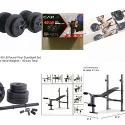 80lbs vinyl weight plates/Weider XR 6.1 Weight Bench Press with Leg Developer and 5ft. Barbells/4-dumbbell handles/