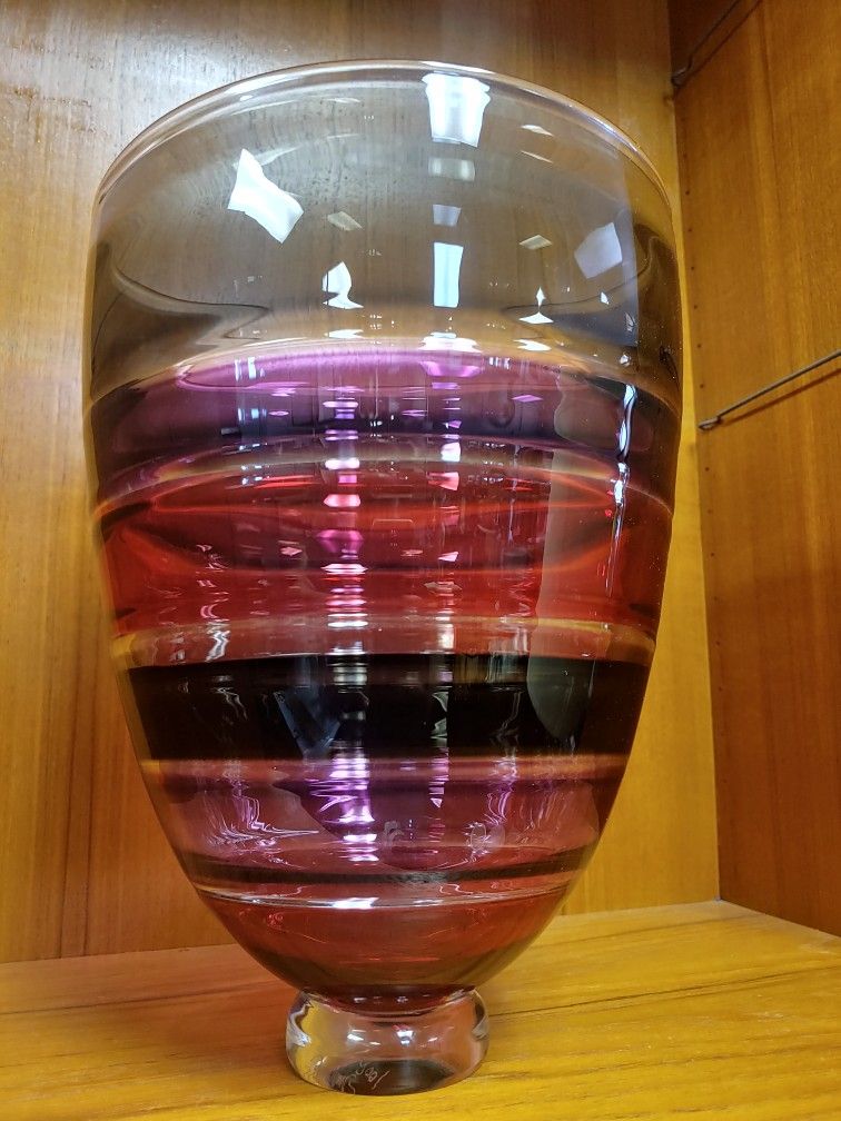 2001 Samphire Lisa Signed Heavy Thick Large Blown Art Glass Vase Abstracted Landscape ? Vintage Artisan Glass
