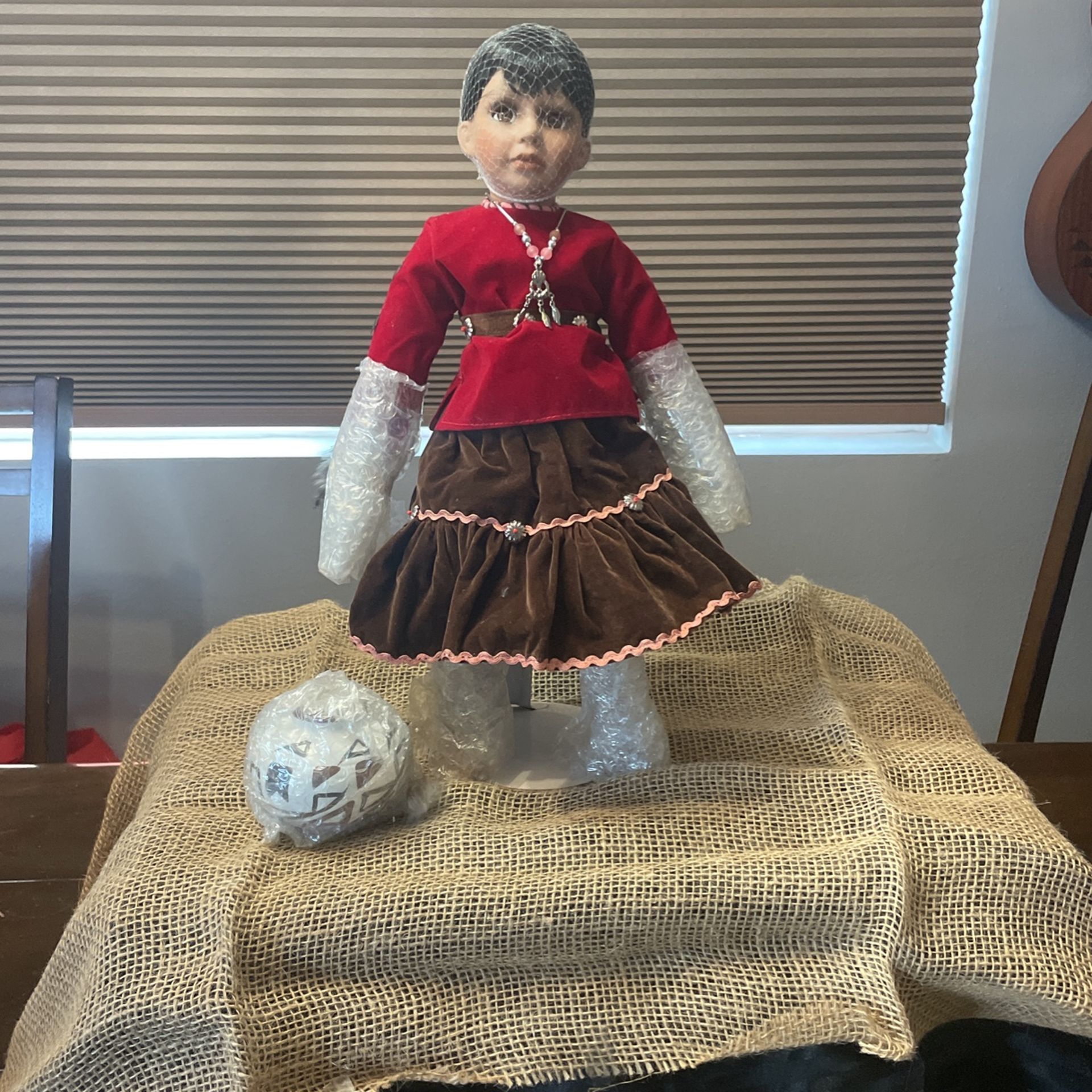 New Vintage Porcelain Navajo Doll “Anaba” with clay vase