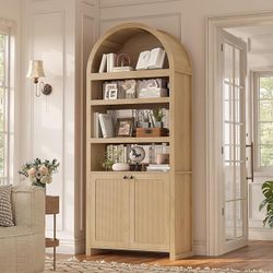 81" Tall Arched Cabinets,Bookcase with storage,Mid-Century Modern 6-Tier Bookshelf with Door,2 Book Risers and Adjustable Shelves offering more storag