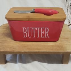 Red Butter Dish With Wooden Lid 