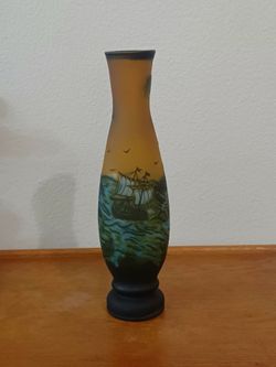 Vintage Gallé Tip Cameo Glass Vase - Nautical Sailing Ships Seascape 13.5"