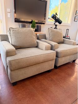 Pair of Modern Taupe Fabric Lounge Armchairs - Like New