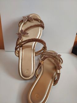 Rose Gold Rhinestone Butterfly Flat Sandals
