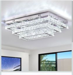 Modern Crystal LED Ceiling Light Fixture 20” Rectangular Flush Mount Chandelier Ceiling Lights 3-Tiers Stainless Steel Ceiling Lamp Fixtures for Livin