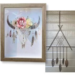 Bohemian Southwestern Feather Floral Skull Wood Framed Art & Metal Teepee Wall Hanging Home Decor