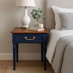 Henredon Solid Wood Nightstand / End Table – Navy & Wood Top