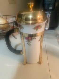 Rare Vintage Royal Albert Old Country Roses French Press Cafetiere Gold Bone China England 1962