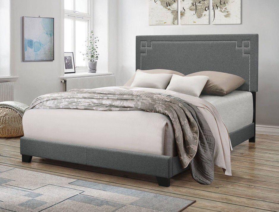 Queen size bed gray fabric
