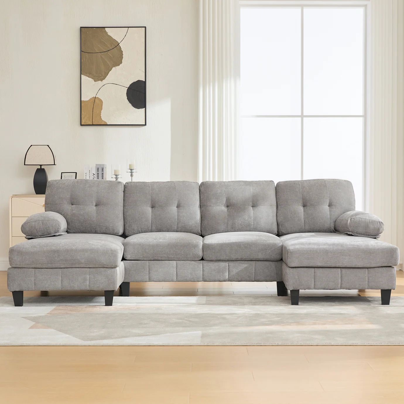 Homy Casa · Florence 104″ Grey Chenille U-Shaped Sectional Sofa · Dual Chaise Design
