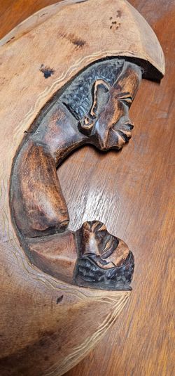 Vintage Hand Carved African Wood Mask Mother W Child Wall Sculpture 17x7.5inch