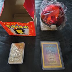 Pokemon factory sealed 1999 23k plated gold bar pokeball and ancient mew promo from 1st movie