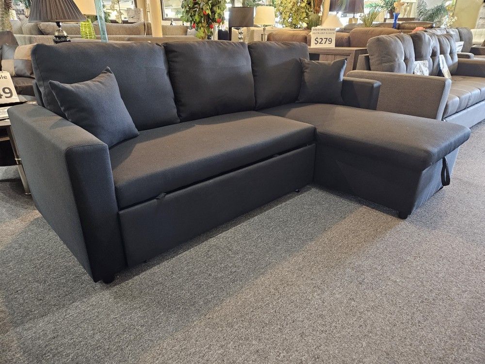 Brand New 86"×57"×33"H Black Linen Sectional With Sofa Pullout And Storage Chaise