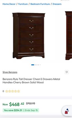 Benzara Ryla Tall Dresser Chest-5 Drawers-Metal Handles-Cherry Brown Solid Wood