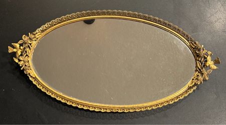 Large Vintage oval ormolu vanity mirrored dresser tray p